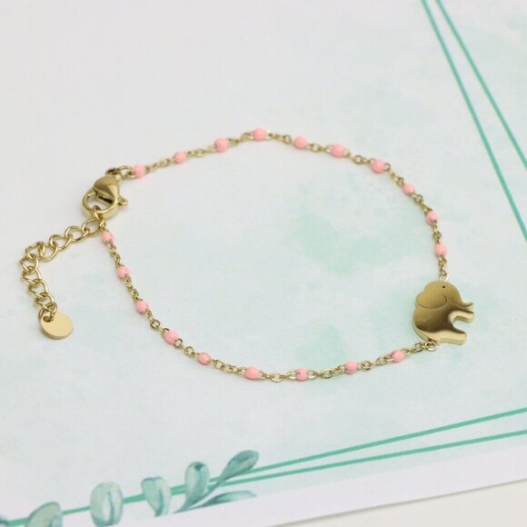 Cute Elephant Charm Yellow Bracelet with Pink Beads, XPBL0625 - Picture 3 of 11